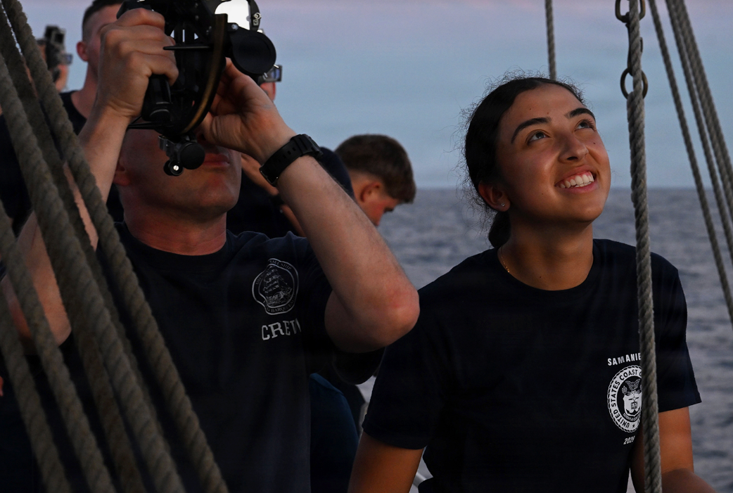 Bella Samaniego during evening celestial navigation training aboard USCGC EAGLE